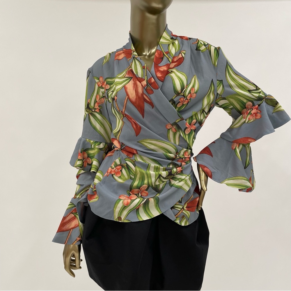 PatBO Blue Flower Print Wrap Top with Ruffle on Sleeves